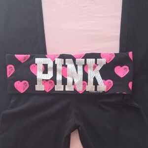 PINK Rhinestone Logo Waistband Leggings - Black & Hot Pink Hearts Wide Leg
